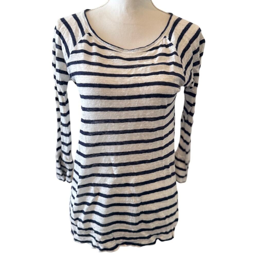 Joie Linen Long Sleeve Top White Blue Stripe S